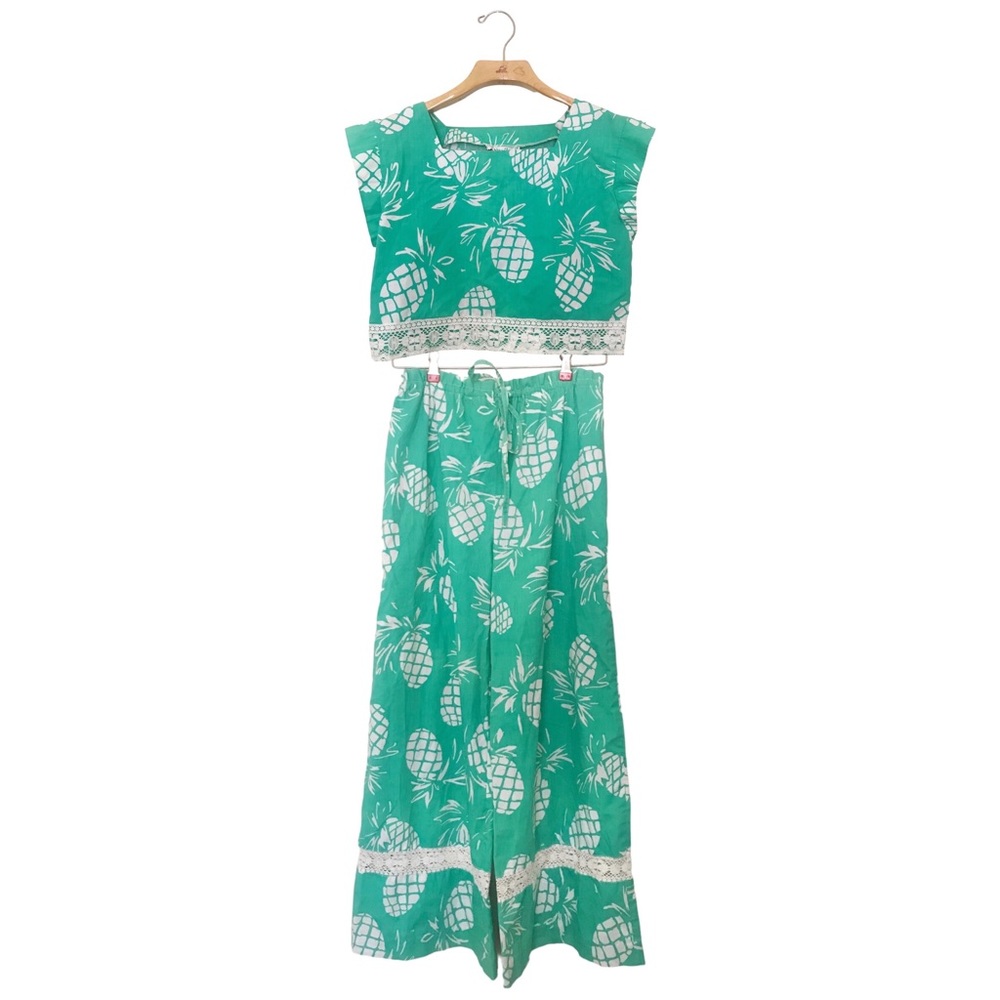 Vintage Matching Set Hawaiian Pineapple Print Lace Crop Top Wide Leg Pants S